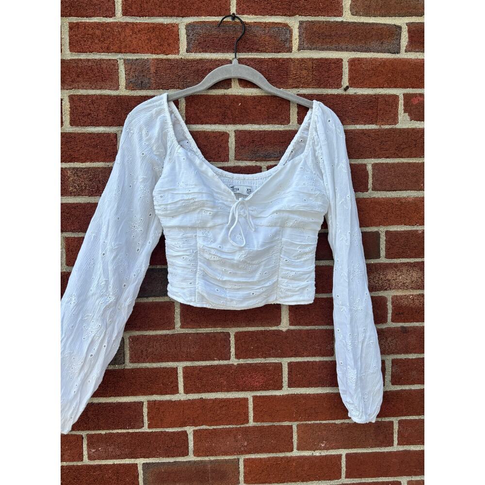 Hollister White Eyelet Crop Top Womens XS Long Sleeve Peasant Cottagecore Blouse - Picture 4 of 7